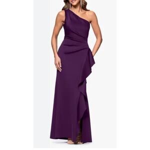Xscape Evenings Plum One-Shoulder Ruffle Gown - Size 10 (New)